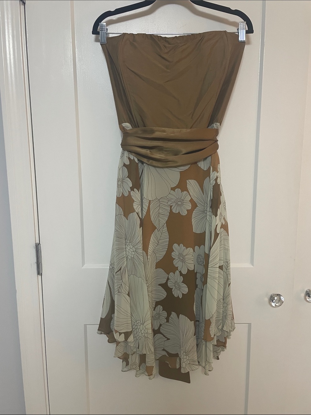 Vintage, silk and chiffon Strapless Floral A-Line Mini Dress in browns and Cream